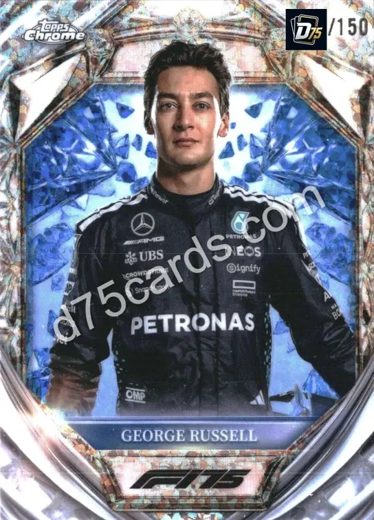 George Russell D75-7 Blue Mini-Diamond Refractor /150 front — 2025 Topps Chrome Formula 1 Diamond 75th Anniversary