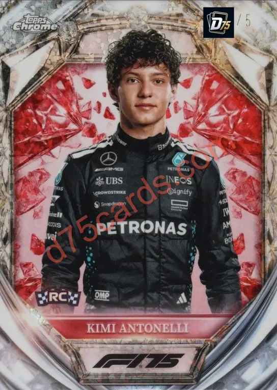 Kimi Antonelli Red Mini-Diamond Refractor /5 front | 2025 Topps Chrome Formula 1 Diamond 75th Anniversary card