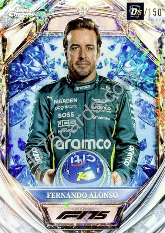 Fernando Alonso Blue Mini-Diamond Refractor /150 front | 2025 Topps Chrome Formula 1 Diamond 75th Anniversary card