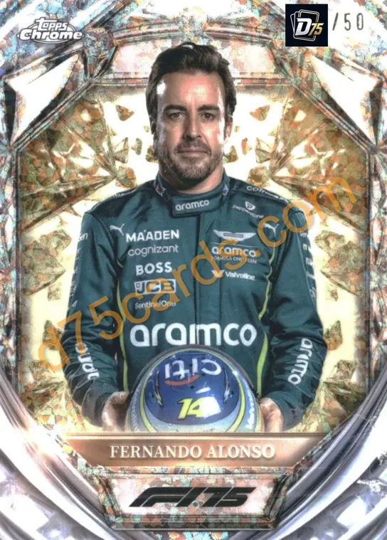 Fernando Alonso D75-9 Gold Mini-Diamond Refractor /50 front — 2025 Topps Chrome Formula 1 Diamond 75th Anniversary