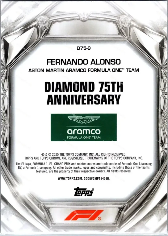 2025 Topps Chrome Formula 1 Diamond 75th Anniversary card #9 Fernando Alonso Base back image